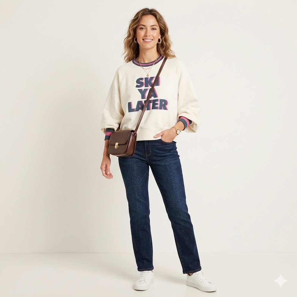Chasor Ski Ya Kater Graphic Sweathshirt Cream Pullover Pink Blue Trim Retro Cozy